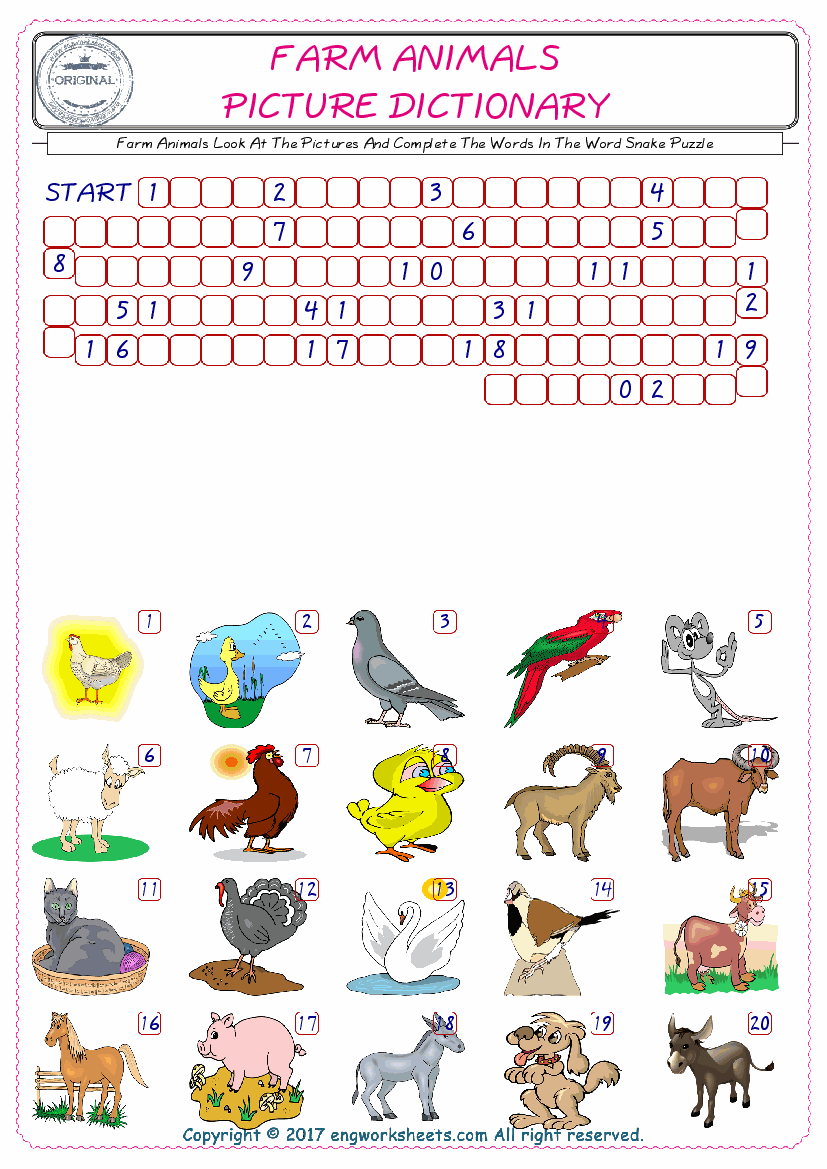  Check the Illustrations of Farm Animals english worksheets for kids, and Supply the Missing Words in the Word Snake Puzzle ESL play. 